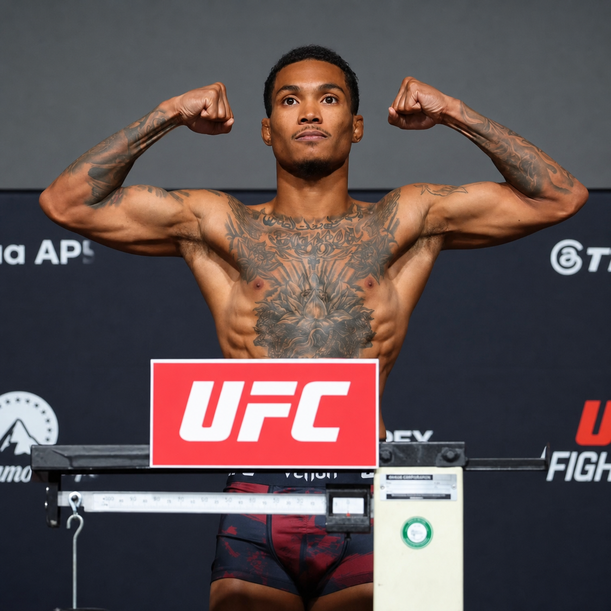 Malcolm Wellmaker flexing on the official scale at a UFC weigh-in